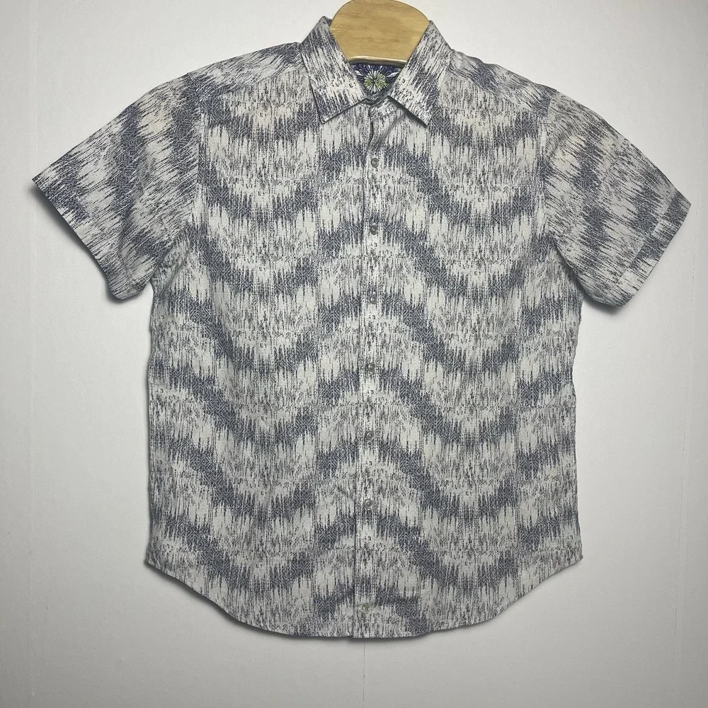 Robert Graham Mens Large Blue White Wave Geometric Short Sleeve Button Up
